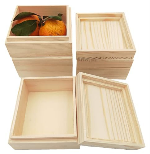 Unlackierte Holzkisten mit Deckel Oben, 8,5 x 7,5 x 4,5 cm, Klein Rustikale Holzbehälter für Handwerk, Aufbewahrung zu Hause, 4 Stück
