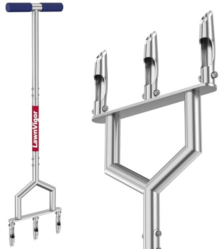 Aeratore manuale per prato, strumento aeratore per prato con 3 denti cavi sostituibili, aeratore pre-assemblato per prato, aeratore per carotaggio del prato per la cura del prato e terreno compattato