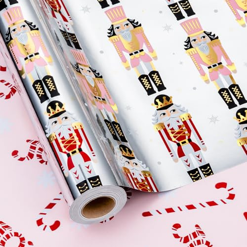 MAYPLUSS Pink Nutcracker Wrapping Paper Roll, Reversible Christmas Wrapping Paper, Metallic Foil Elegant Vintage Nutcracker Gift Wrap w/Candy Cane for Present Packaging (Mini Roll, 17 Inch X 33 Feet)