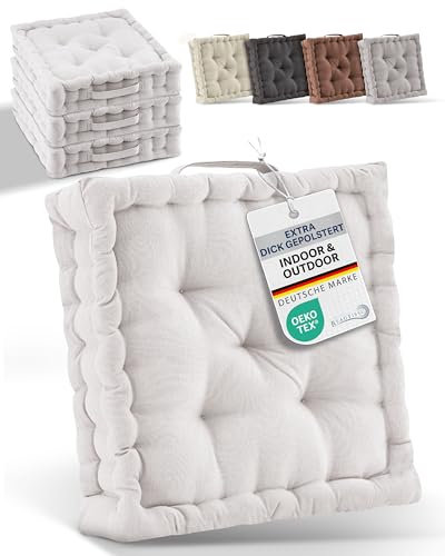 Beautissu 4er Set Bodenkissen Sitzkissen 50x50 cm - Dickes Matratzenkissen 10cm - 100% Baumwolle Stuhlkissen Indoor & Outdoor Sitzkissen Boden Tragegriff extra Dicke Sitzauflagen Natur - Mila