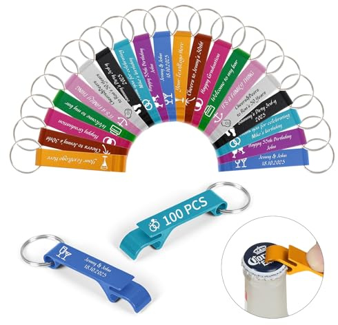 ENOMY Personalised Customised Bottle Opener Keychain Bulk Engraved Text/Logo Customized Beer Bottle Opener Idea Gifts for Bar Party Wedding Birthday Christmas Favours 100PC