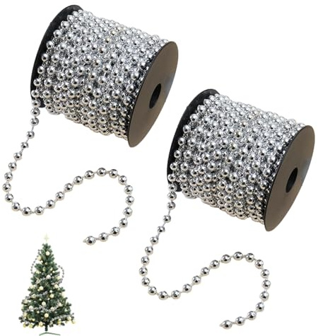 2 Stück Perlenkette für Weihnachtsbaum,10M Silber Perlengirlande,Christmas Decorations,Weihnachtsbaum Deko,Silber Weihnachtsschmuck,Perlenband,Geeignet für Weihnachts Hochzeits und Partydekorationen
