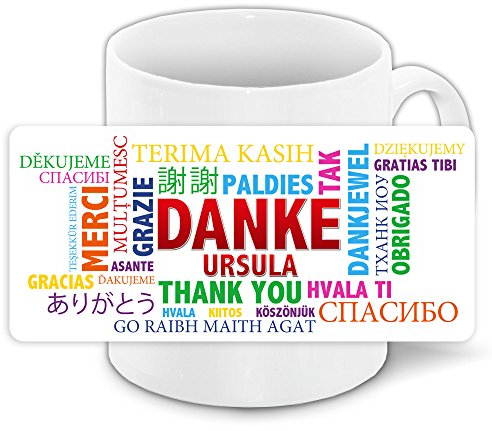 Danke-Tasse mit Namen Ursula und schönem Motiv in vielen Sprachen