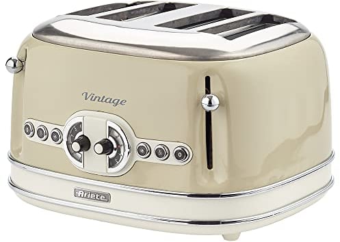 Ariete 0156/03 Retro Style 4 Slice Toaster with 2 Slice Control, 6 Browning Levels and Removable Crumb Tray, Cool Touch Sides, Non-Slip Feet, Vintage Design, Beige