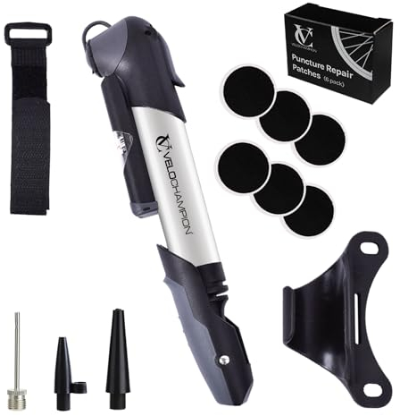VeloChampion Mini-Fahrradluftpumpe für alle Ventile. Kleines, leichtes, kompaktes All-Bike, Presta, Schrader, Dunlop-Ventil, kompatibel mit Mountainbike, Rennrad, BMX (Legierung 9 + Reparaturflicken)