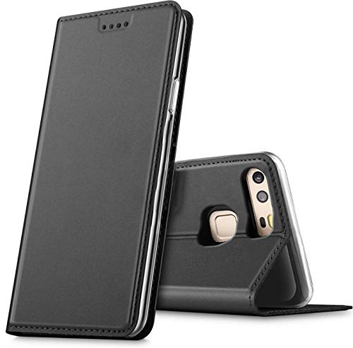 Verco Handyhülle für P9, Premium Handy Flip Cover für Huawei P9 Hülle [integr. Magnet] Book Case PU Leder Tasche, Schwarz
