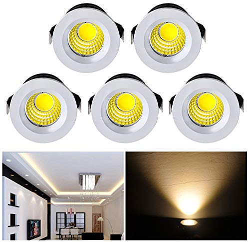 Audor LED Einbaustrahler Mini Klein Set 5er, 3W Deckenstrahler COB Deckenspots Einbauleuchte Aluminium Spots Warmweiß für Weinschrank/Schrank/Küche/Wohnzimmer-Weiß