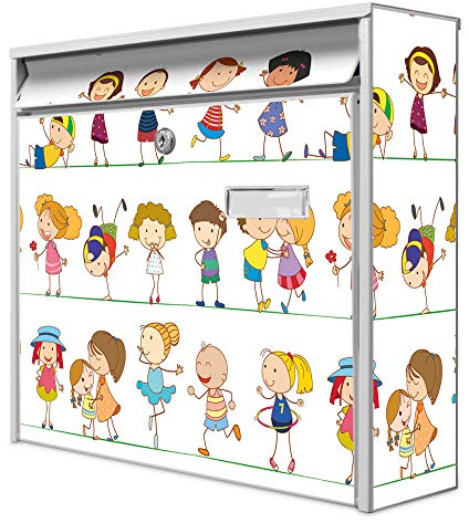 banjado® Burg-Wächter® Briefkasten mit Motiv Kinder/Briefkasten ohne Zeitungsfach 32x36x10 cm groß/Briefkasten mit Namensschild A4 Einwurf inkl. Montagematerial & 2 Schlüsseln