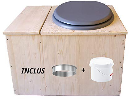 Toilette sèche en bois avec bac à copeaux intégré, bavette inox et seau 22L plastique - La Bac Gris clair 22 litres - Fabrication Française - N4