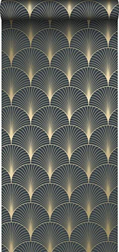 ESTAhome Tapete Art Decó Muster Dunkelblau und Gold - 139231-0,53 x 10,05 m