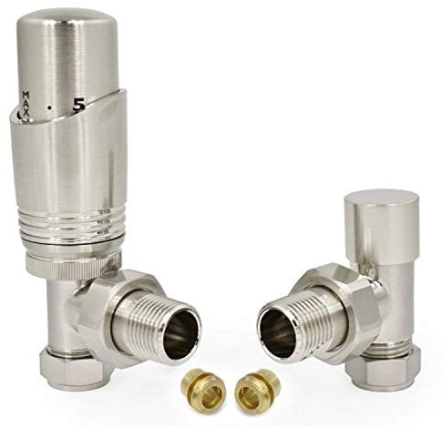Hot Flow | Cascade Modern Angled TRV Thermostatic Radiator Valve 10mm Compression (Satin Nickel)