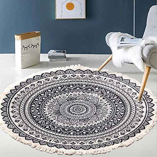 Dhao Mandala Boho Runder Teppich mit Quasten Handwebteppich Baumwolle Waschbar Bedruckte Wohnzimmer Schlafzimmer Kinderzimmer Dekoration Teppiche (B,Ø 80cm)