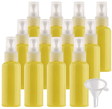 12 Pièces Flacon Pulvérisateur en Plastique Jaune 50ml, Flacon Vaporisateur Vide, Petits Réutilisables Bouteille de Spray Vide de Voyage Cosmétiques avec 2X Entonnoirs