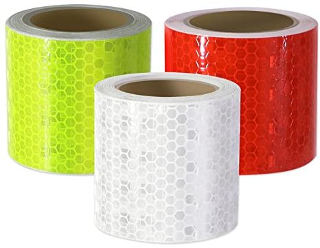 Xrkuu 3 Rolls Reflective Safety Tape, 3M x 5CM Waterproof Self-Adhesive High Visibility Reflector Tape for Vehicles, Corridors and Outdoor Facilities (Green, White & Red)