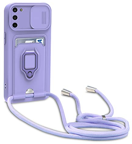 yanasuo Schiebe Kameraschutz Silikon Handykette Hülle kompatibel mit Samsung Galaxy A02S/A03S[Phone: 164.2 mm, 6.5''], Metall Ring Halter Handy Cover,Verstellbarer Halskette Handyhülle-Lila