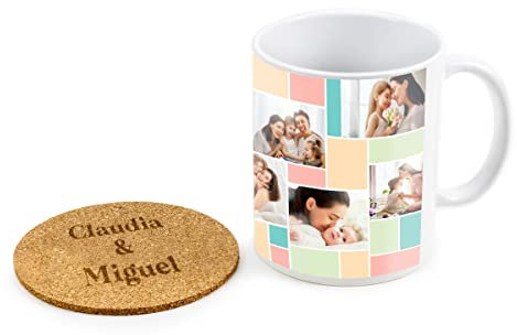 Taza Personalizada con Fotos y Diseños de Cerámica 33cl Apta Para Microondas y Lavavajillas Incluye Posavasos Personalizado de Corcho para Regalo Original (Collage pastel 5 fotos)