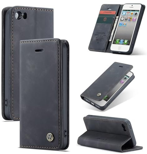 SLWYF Handyhülle für iPhone 5/5S/iPhone SE 2016 Hülle Premium Lederhülle Klappbar Flip Case Tasche Magnet Kartenfach Standfunktion Klapphülle Schutzhülle für iPhone 5/5S/iPhone SE 2016, Schwarz