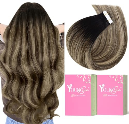 YoungSee Invisible Tape in Extensions Echthaar Balayage Tape Extensions Schwarz Balayage Braun Blond Tape in Extensions 35cm Remy Hair Extensions Tape in Seamless Extensions Tape in 50g #1B/4/27
