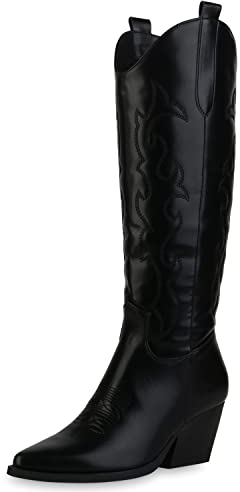 VAN HILL Damen Stiefel Cowboystiefel Spitze Western Stickereien Schuhe Holzoptikabsatz Freizeitstiefel Boots 205335 Schwarz 39