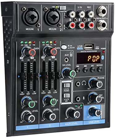 4-Kanal-Multifunktions-Soundkartenmischer, Live-Aufnahmemischer USB-Bluetooth-MP3-Audio-Soundmischer 48-V-Phantomspeisung FX-Reverb-Verzögerungsprozessor