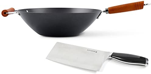 Ken Hom großer Wok 35 cm aus Karbonstahl und mit Holzgriff - Wokpfanne ohne Induktion - Set inkl. Hackmesser 18 cm