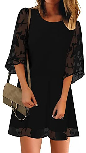 Roskiky - Robe à manches 3/4 pour femme - Tunique d’été - Robe avec dentelle florale, Noir , XL