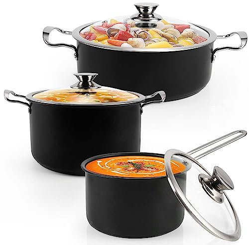 AuFranc® Edelstahl Kochtopfset, 6-Teilig Topfset mit Glasdeckeln und Kühlbleibender Griff, Kochtopf für alle Herdarten & Backofenfest & Spülmaschinenfest, Topf Ungiftig Unbeschichtet (Schwarz)