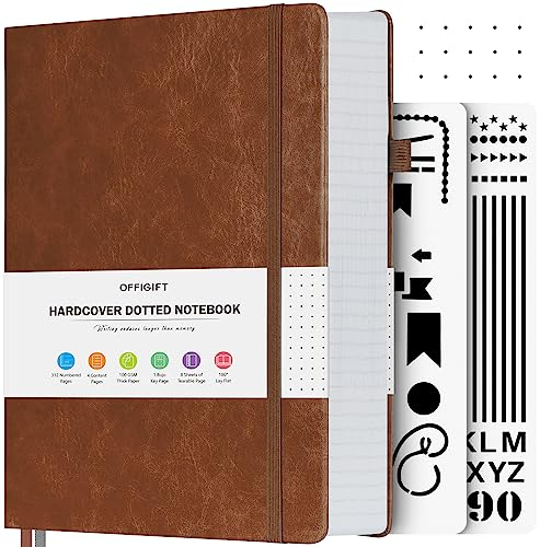 OFFIGIFT Notizbuch A5 Dotted, Hardcover Tagebuch mit 312 Nummerierten Seiten, 100g/m² Tintenfestes Papier Gepunktete Notizbücher mit Registerseiten, Tagebuch für Erwachsene, 14,5 x 21,5 cm, Braun