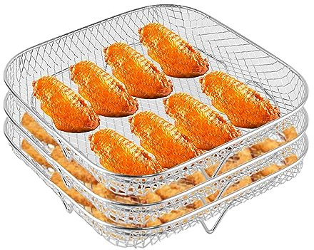 Kikuo Dreifach Air Fryer Rack, Quadratisch Air Fryer Tray, 304 Edelstahl airfryer Rack, Stapelbar Air Fryer Rack Zubehör für Quadratisch Heißluftfritteuse, Kochen Rack, Dehydrator und Backofen