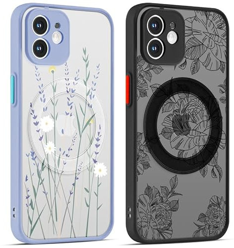 ZhuoFan 2 Pezzi Cover Magnetica per Apple iPhone 11 6.1 Pollici Compatibile con MagSafe, Aesthetic fiore Motivo Disegni Traslucido Custodia con Antiurto, TPU Hard PC Bumper Protettiva Case