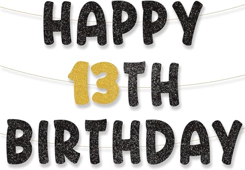 13th Geburtstag Banner Happy 13th Birthday Girlande 13 Girlande Geburtstag Deko 13. Geburtstag Banner Happy Birthday Deko Schwarz Gold für 13 Jahre Geburtstag Kinder Mädchen Jungen Party Dekoration