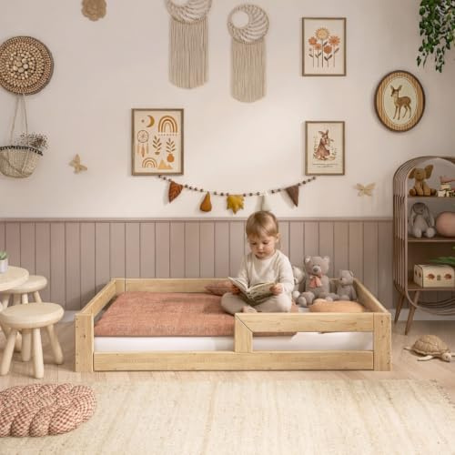 Need Sleep Montessori Bett Kinder Bodenbett 90x190 cm mit Rausfallschutz Lattenrost Kinderbett am Boden Niedrig Kids Floor Bed Bodentief aus Holz Mädchen Junge