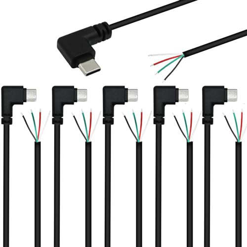 RUNCCI-YUN 6PCS USB Right Angle Type-C Pigtail Cable Extension Power and Data Cable Solderable 28AWG 5V 3A 90 DegreeUSB-C Plug to 4 Pin Bare Wire Open End Connector for DIY (25cm Type C Male)