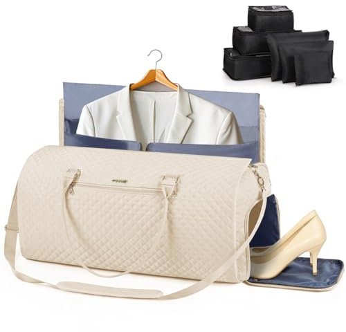 Lekeinchi 2 in 1 Kleidersack Reisetasche Damen, Großer Faltbare Reisetasche Weekender mit 6 Packwürfeln & Schuhfach, Flugzeug Sporttasche Travel Bag Handgepäck Tasche für Weekend, Reise, Gym-Beige