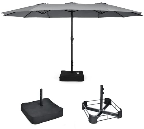 KOMFOTTEU Doppelsonnenschirm mit Ständer 264 x 451 cm, Gartenschirm rechteckig mit Kurbel & Basis, großer Sonnenschirm faltbar für Patio, Pool, Terrasse (Grau)