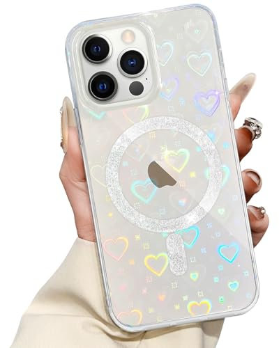 Cover Magnetica per iPhone 12 Pro Max Compatibile con MagSafe Ricarica Wireless, Custodia Trasparente Glitter Cuore, Protezione Antiurto Antigraffio Lucido Anti-Impronte Case