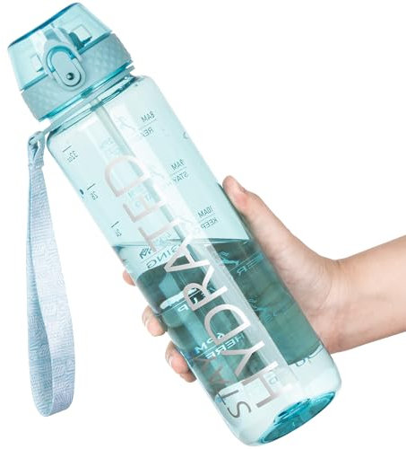 OLDLEY 1L Sports Water Bottle with Straw, Tritan 1 Litre Motivational Drink Bottle, BPA Free Leakproof Transparent Water Bottle with Time Marker for Cycling, School, Gym, Outdoor (Sky)
