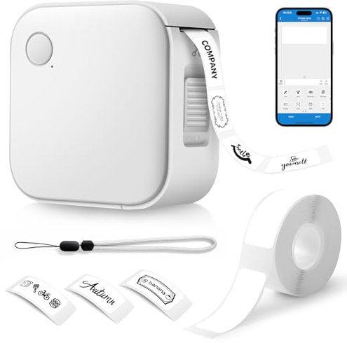 AiQInu Etiquetadora Bluetooth, Impresora de Etiquetas Portátil con 1 Rollo de Etiquetas, para Almacenamiento, Envío, Código de Barras, Organización, Blanco, Compatible con iOS y Android