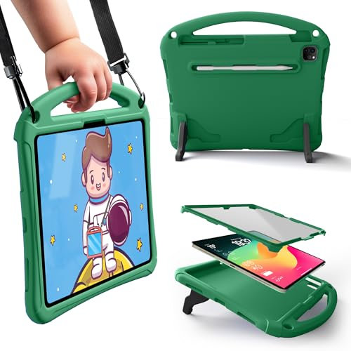 Bam Bino Space Suit Custodia Protettiva per Bambini iPad Pro 13 M4, iPad Air 13 M2 | Proteggi Schermo, Maniglia, Supporto, Porta-Stilo, Tracolla | Custodia iPad Pro 13 Pollici (Verde)