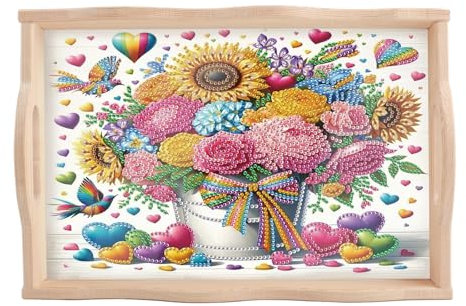 JISHSHAY Diamond Art Serving Trays Diamond Painting Food Trays Gem Art Serving Platter Gem Painting Mosaic Kits for Adults DIY Kits for Adults, with Wood Handle 20×30cm/7.87×11.81in, Flower