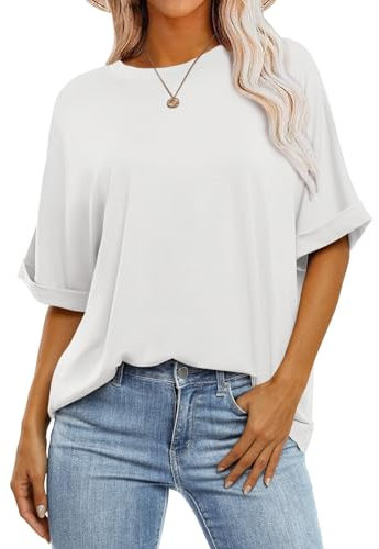 Cuptacc Tshirt Damen Oversize Shirt Damen Tops Sommer Weisses Elegant Rundhals Oberteile Kurzarm Bluse Locker Top Mittel M 38-40