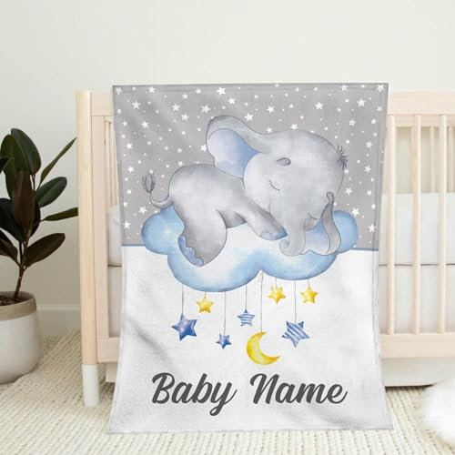 Babydecke mit Namen Personalisiert,Flauschige Warme Kuscheldecke mit Namen und Geburtsdatum Elefant,Geschenk Baby Taufe Geburt Mädchen Junge für Kinderdecke Namensdecke Krabbeldecke