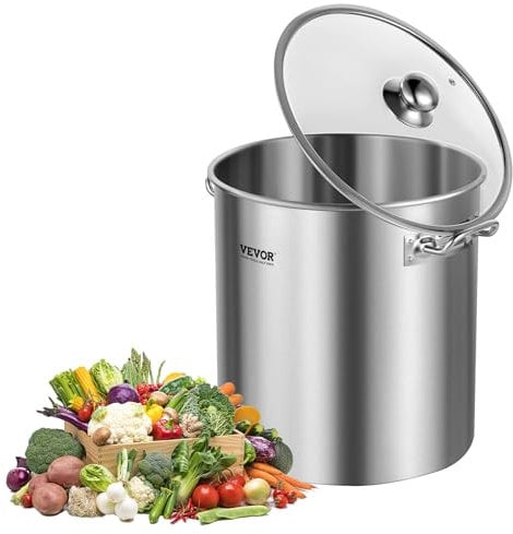 VEVOR Stainless Steel Stockpot, 22.7L Cooking Pots, Cookware Sauce Pot with Lid, and Handle, Heavy Duty Commercial Grade Stock Pot, Sanding Treatment, for Steaming Boiling or Frying Silver