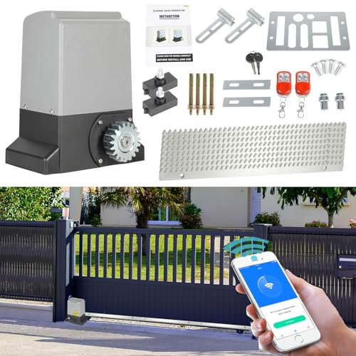 Fiqops 550W Motores Puertas Correderas máx 1200KG, Smart WiFi Accionamiento Eléctrico De Puerta con 4M Cremallera, 2 Control Remoto y la función de cierre automático para Puerta de Garaje