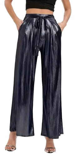 EMOTTOS Damen Glänzend Metallic Hose, Pailletten Weites Bein Hohe Taille Streetwear mit Gummibund, Mode Holographische Farbe Locker Hose mit Taschen für Nachtclub Party, Schwarz, L