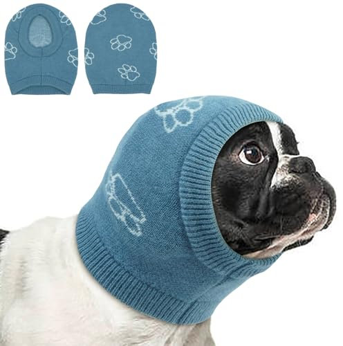 Katzinst Hunde Gehörschutz, Elastische Strick Ohrenpflege Hundemütze für Kleine Hunde,Geräuschreduzierung, Angstlinderung,Schütze die Wunde,Spaziergang,Hund Ohrenpflege,Blau,S