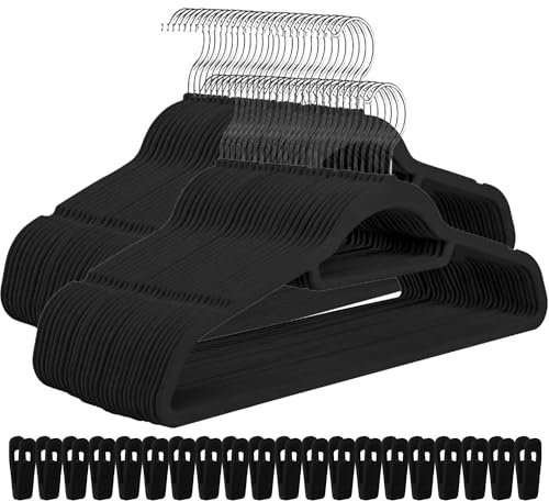 Panzy Home 50 Velvet Hanger with 24 Finger Clips - Heavy Duty Clothes Hangers | Non-Slip Hangers with Velvet Clips, Tie Bar and 360 Hook,Durable & Sturdy Space Saving wardrobe Organisers