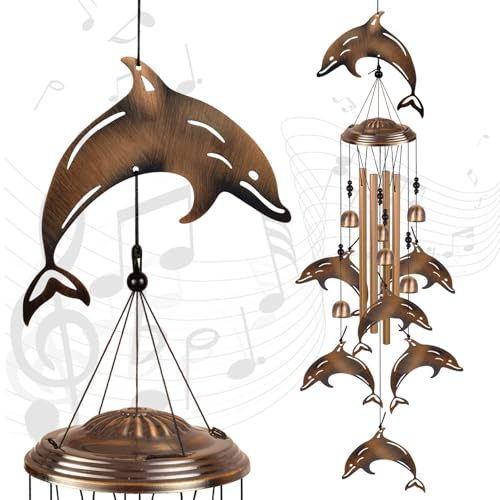 Bronze-Delfin-Windspiel für Haus, Garten, Balkon, Zimmer, Terrasse, Innenbereich, Außendekoration, Gedenk-Windglocken, Delfin-Windfänger, Outdoor-Delfin-Windspiel, Geschenke für Mutter, Oma, Familie,