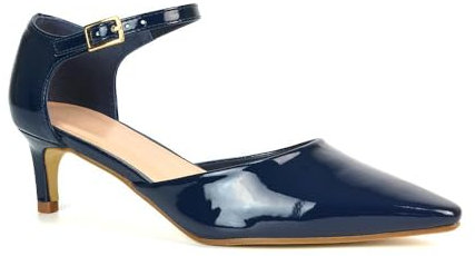 Women's Classic Low Kitten Stiletto Heel Ladies Navy Patent 2 Piece Ankle Strap Court Shoes Size 6