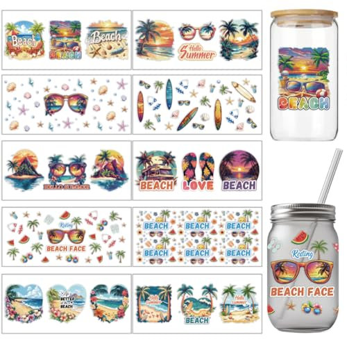 arricraft 10 Stück Buntes UV Transferpapier Für Tassen Mit Sandstrand Motiv 10 Stil Muscheln Muschelbaum Surfbrett Seestern UV DTF Cup Wrap Aufkleber Für 16 OZ Glasbecher Basteln 9.5x4.3 Zoll
